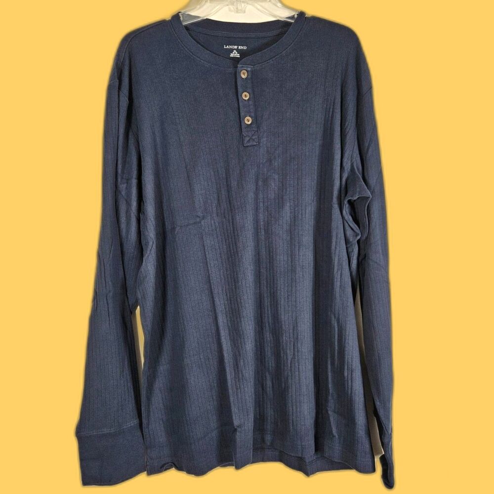 Lands End Mens Long Sleeve Ribbed Knit Henley Shirt Blue 100% Cotton XL